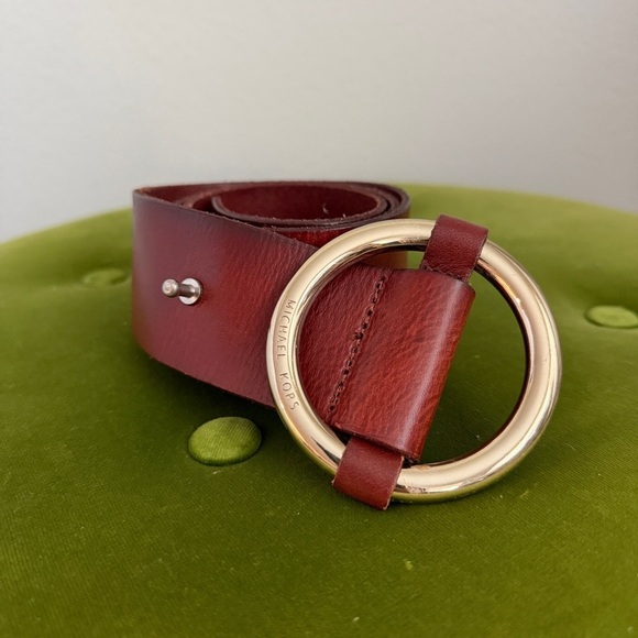 Michael Kors Accessories - Michael Kors Burgundy Leather Circle-Buckle Belt with Gold-Tone Hardware